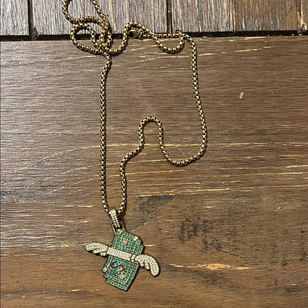 Gold and Green Winged Pendant Necklace